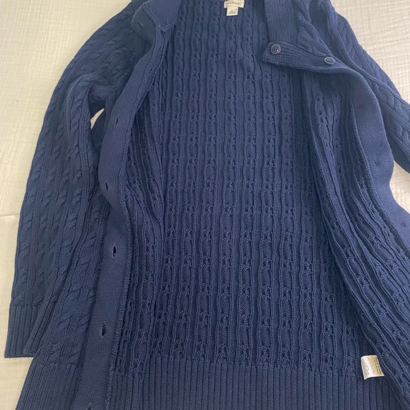 LL Bean Double Cable Knit Button Up Cardigan Sweater Size Large Navy Blue - Picture 16 of 16